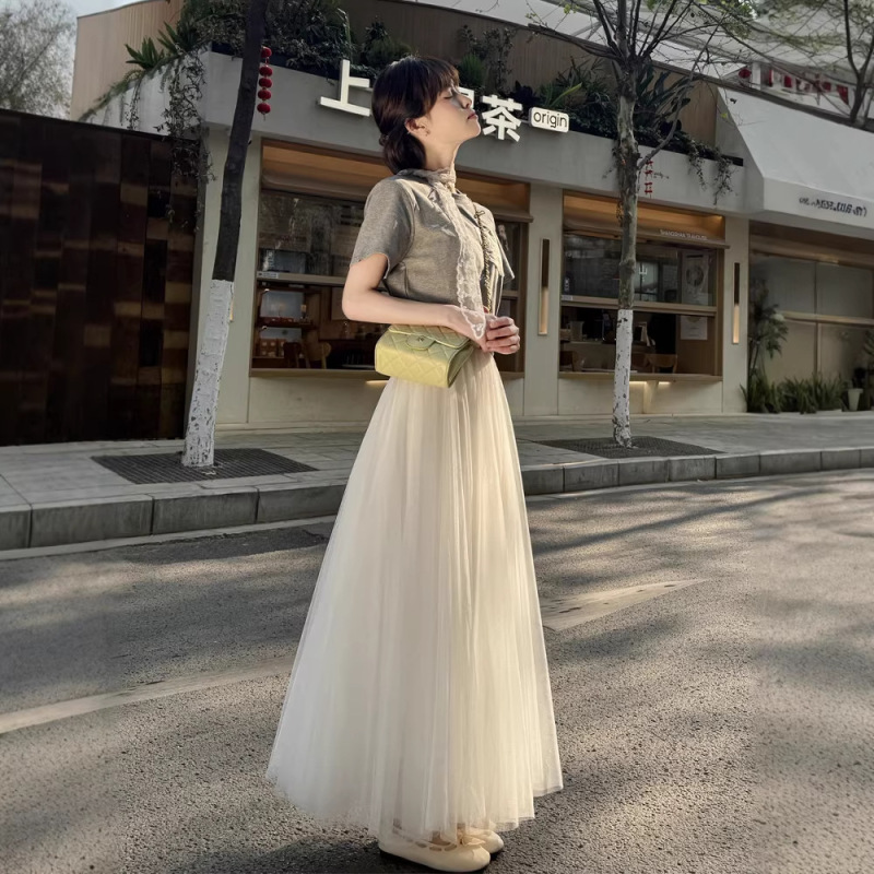 2026 Spring/Summer Red Mesh Long Skirt for Square Dance, Flared Skirt, Slimming A-Line Skirt, Hip-Covering Slimming Mesh Skirt