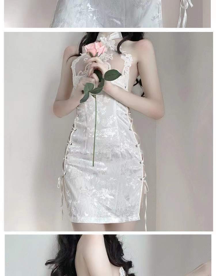 Sexy Cheongsam-Style Lingerie Set, Backless Slit Tie-Up Design, White Lace One-Piece with Thong — detail image 7