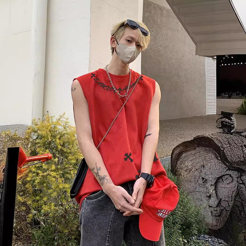 American Style Vintage Cross Print Suede Sports Vest Men's Summer Fashion Brand Street hiphop Sleeveless T-Shirt