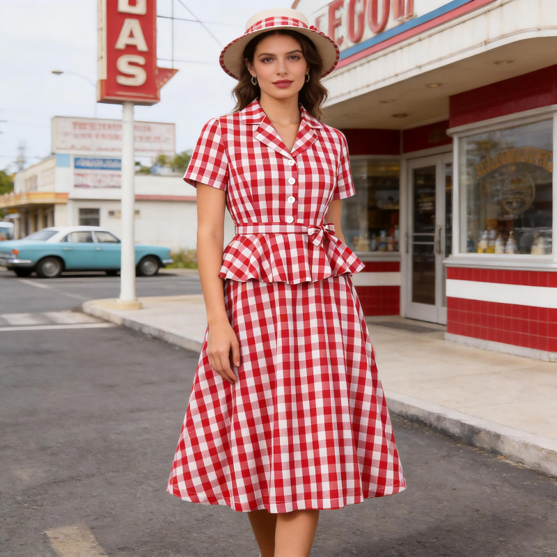 European and American Amazon cross-border suit collar plaid retro ruffled strap waist Hepburn style women's dress