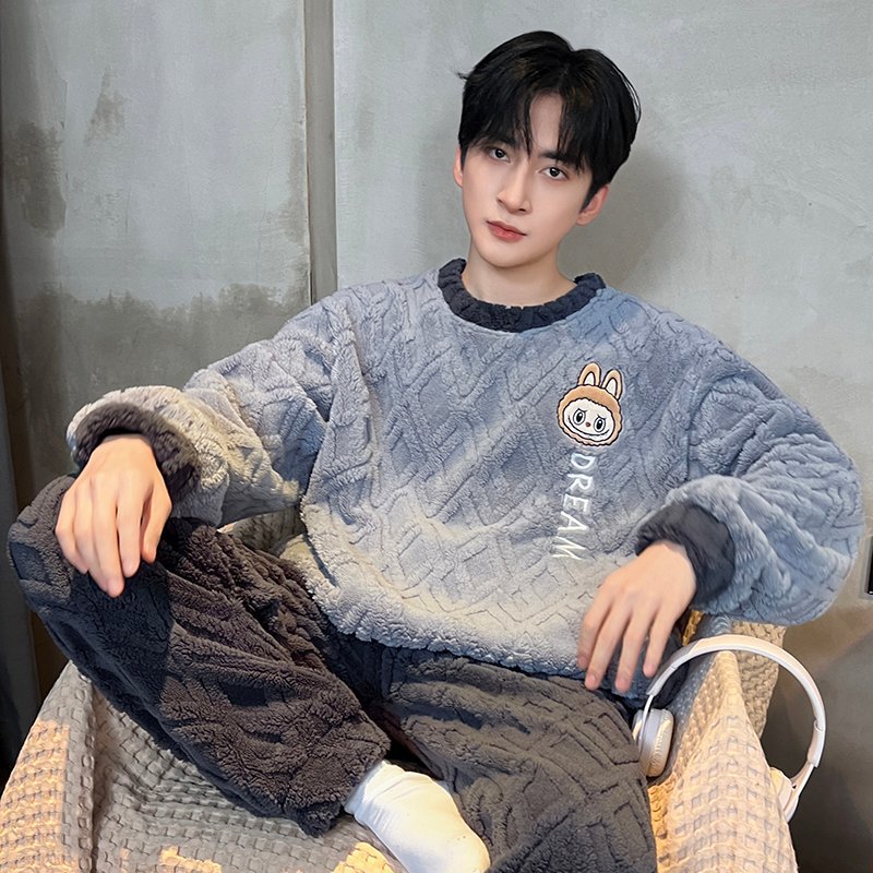 2025 Men's Pajamas Autumn and Winter Coral Fleece Thickened Cartoon Large Size Men's Home Clothing Set Winter Style