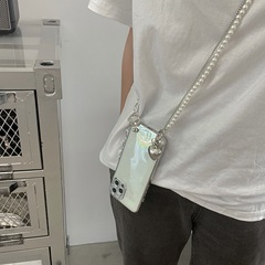 ins冷淡風金屬珍珠斜跨適用蘋果15promax手機殼14/13/7se/11/x/12