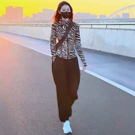 欧货时尚感气质斑马条纹拉链开衫套装女春秋运动休闲裤两件套