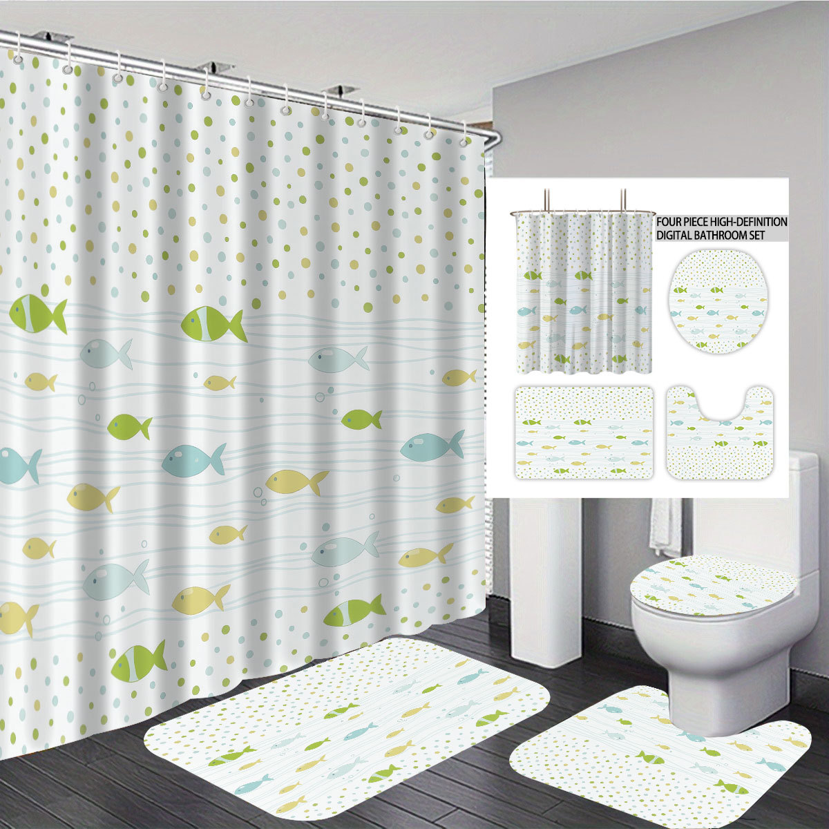 Temu cortina de baño impermeable personalizada serie de elementos marinos 3D impresión poliéster cortina de baño de cuatro piezas fábrica image 18