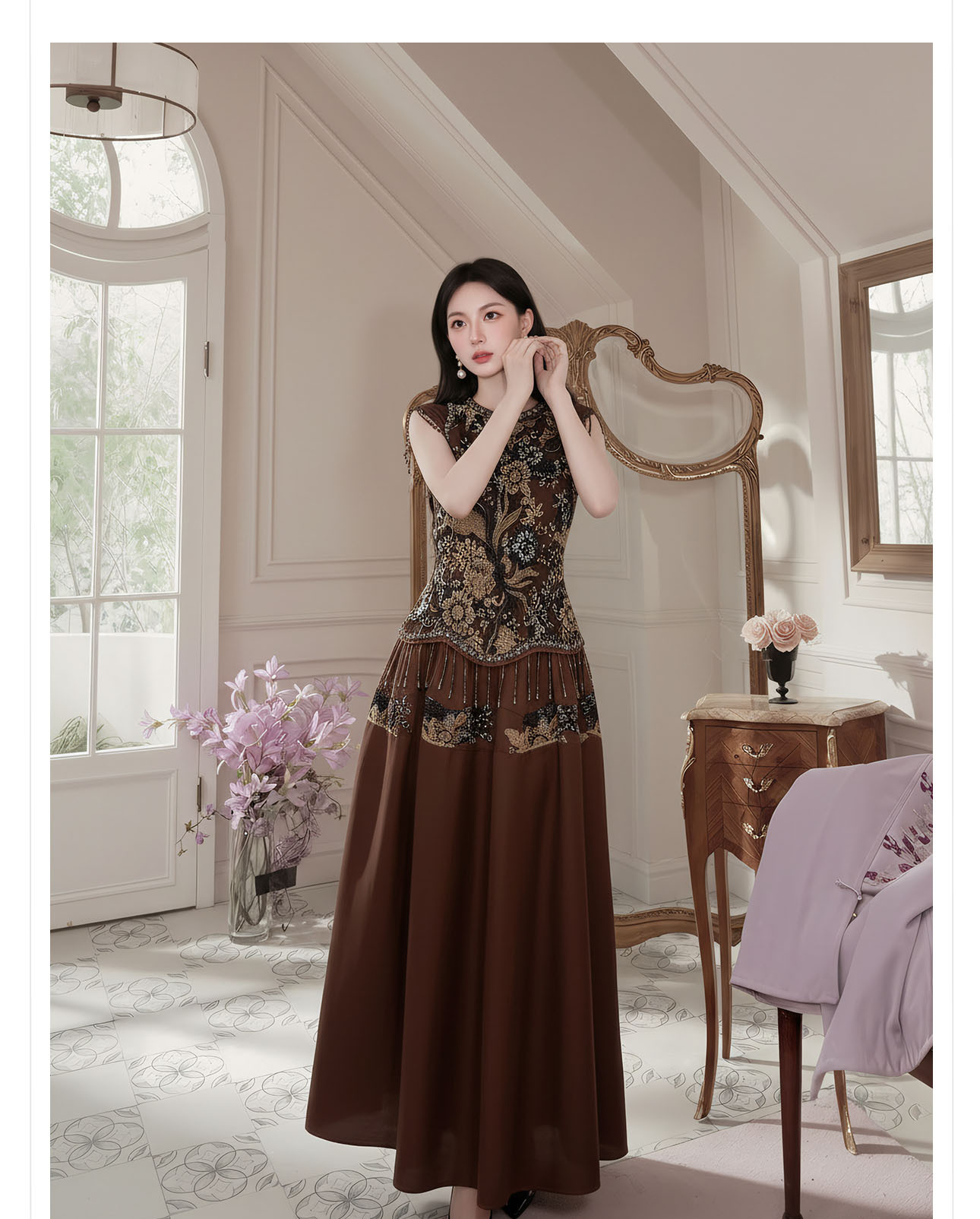 Đầm maxi nữ thắt eo phong cách Tân Trung Hoa, cổ tròn, đính cườm thêu ren, thiết kế vintage — Màu cà phê chi tiết 10