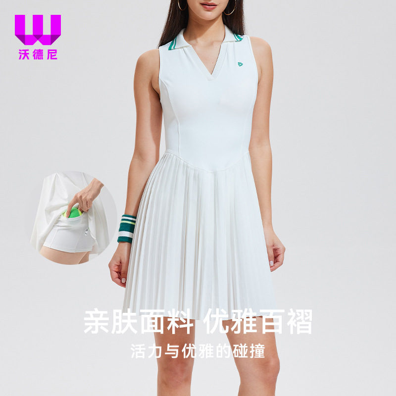 Tennis Dress Women's Summer Small V Neck Women's Clothes Waist Slimming Pleated Badminton Quick-Drying Sportswear
