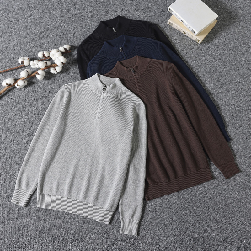 Autumn/Winter 2026 Textured Men's Knit Jacket, 100% Cotton, Half-Zip, Stand Collar, Ribbed, Old Money Style Sweater for Men