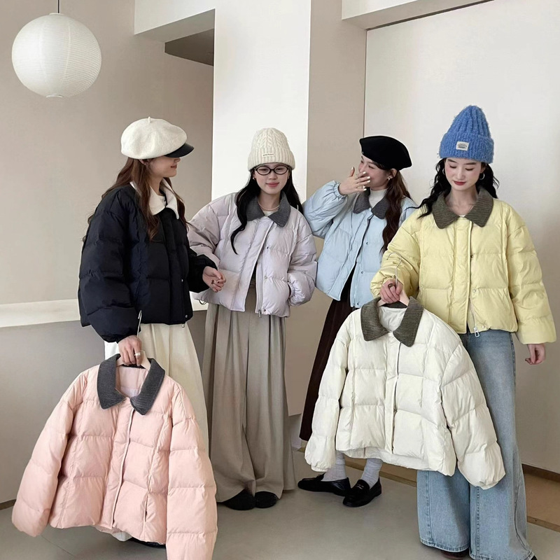 Yimo Korean Corduroy Lapel Short down Jacket for Women 2025 New Style Small Contrasting White Duck down Jacket