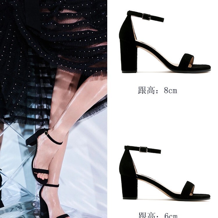 2026 New Style Women's Summer Sandals with Single Strap, French Open-Toe Design, Black Chunky Mid-Heel, Fashionable Versatile Sw High Heels