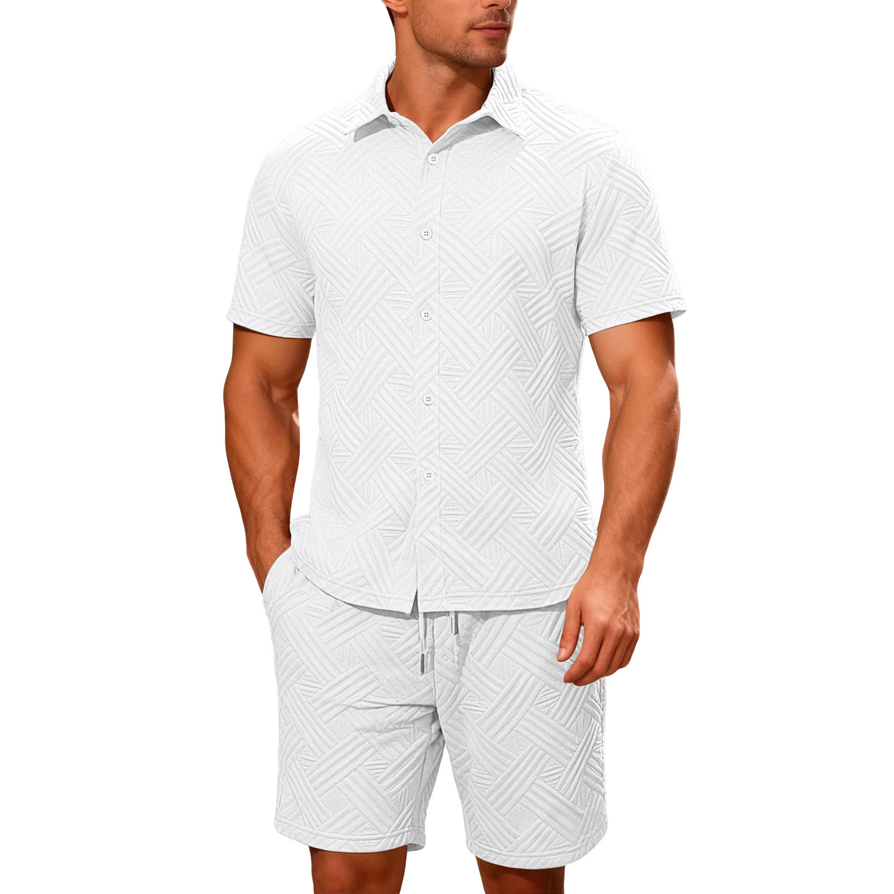 Grenzüberschreitende europäische und amerikanische Sommerkollektion: Neues einfarbiges Jacquard-Hemd für Herren, lässige Sportshorts mit kurzen Ärmeln_voghion.com
