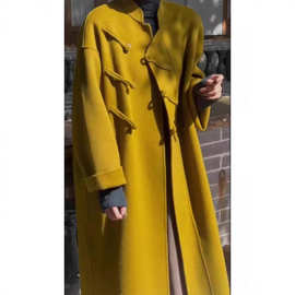 1135咸菜绿色中长款毛呢外套女秋冬季新款国风高级感新中式呢大衣