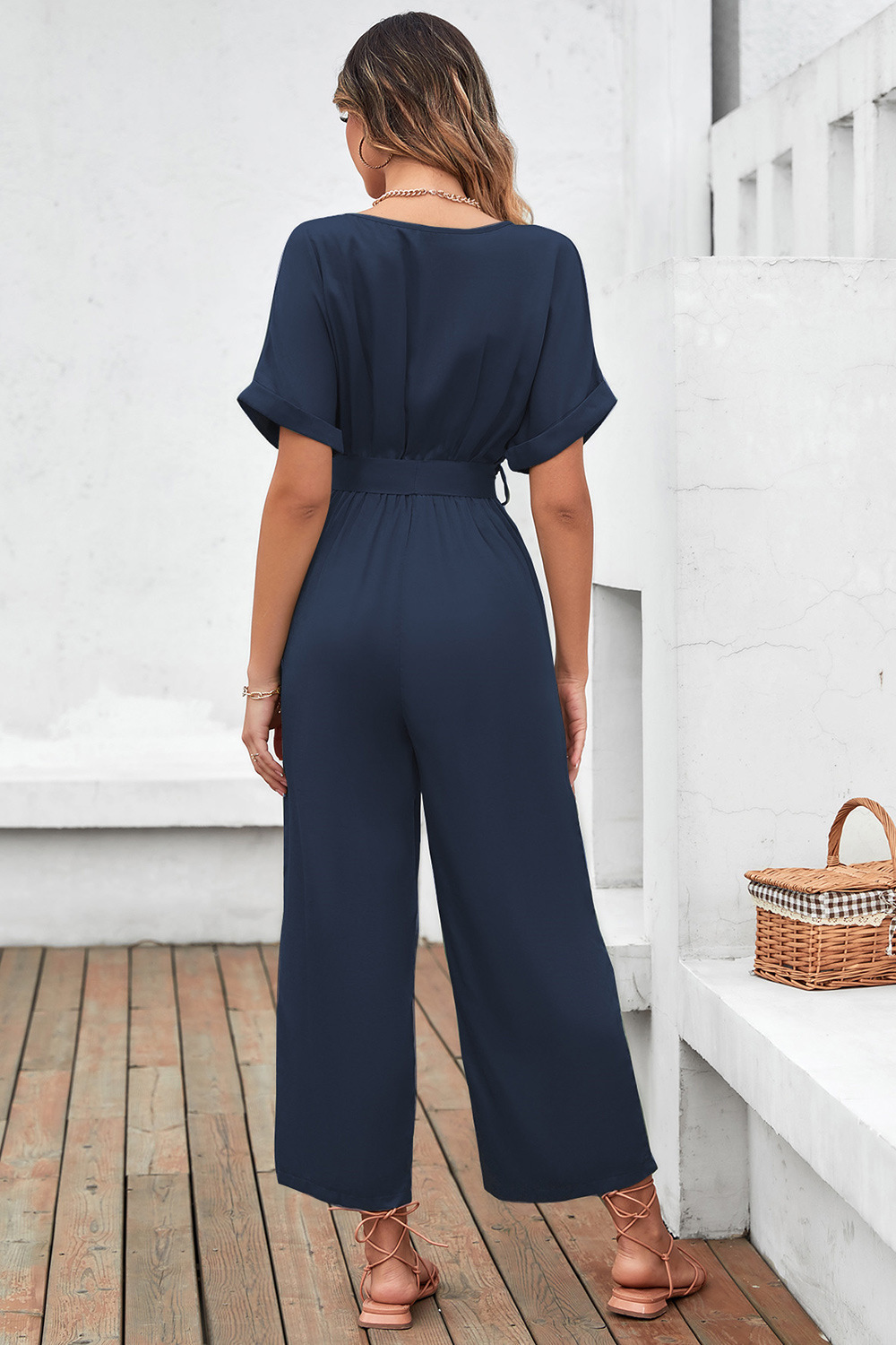 Summer Women Clothing V neck Lace up Jumpsuit