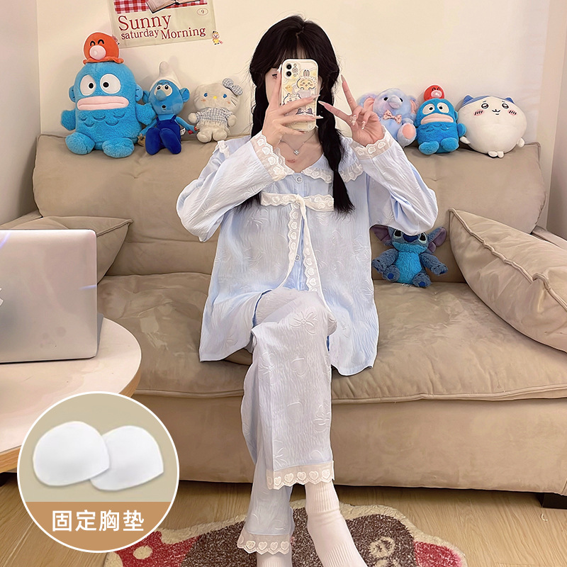 长袖云朵棉压花带固定胸垫睡衣女2025新款秋季家居服套装A2808#蓝