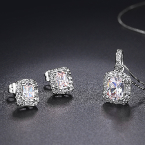 European and American Colored Zircon Engagement Jewelry Set Women's Square Earrings Pendant Necklace Adjustable Bracelet Cross-Border Wholesale