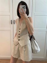 亚麻马甲短裤套装女装两件套2025夏新款气质无袖棉麻西装背心外套