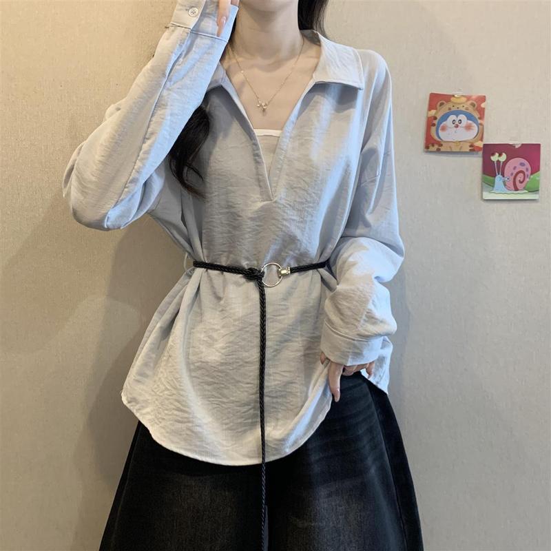 韩系V领正肩长袖衬衫女2025春秋新款通勤百搭遮肚收腰假两件上衣|undefined