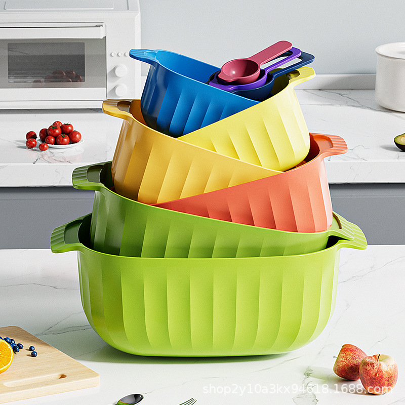 Venta directa de fábrica nuevo utensilios de cocina multifuncionales de nueve piezas, utensilios de tamiz de harina, separador de clara de huevo, lavabo de frutas y verduras