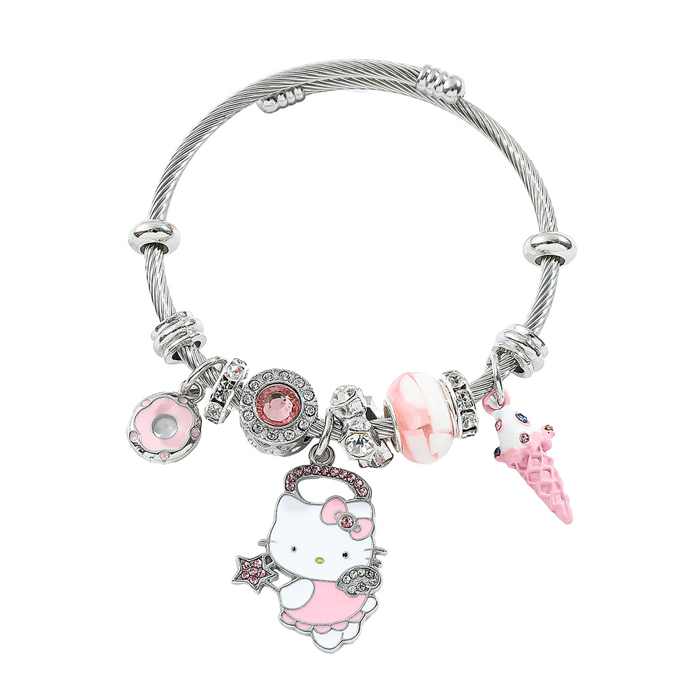 Panjia Hello Kitty Stainless Steel Bracelet Cross-border Cute Cat Pendant DIY Hand Ring Girl's Best Friend Couple Gift