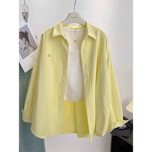 Yellow Age-Defying Korean-Style Shirt Jacket for Women: Early Autumn French-Style Loose-Fit, Slimming Long-Sleeve Shirt with Cardigan-Like Outerwear Top