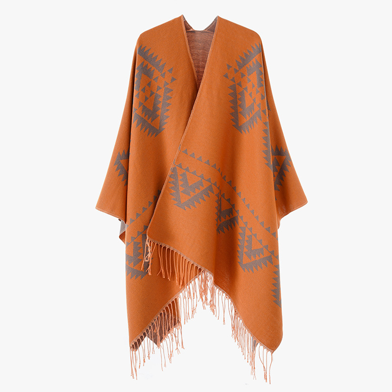 2024 nueva primavera y otoño invierno estilo nacional geométrico moda multi-elemento bifurcado camisa chal abrigo suelto