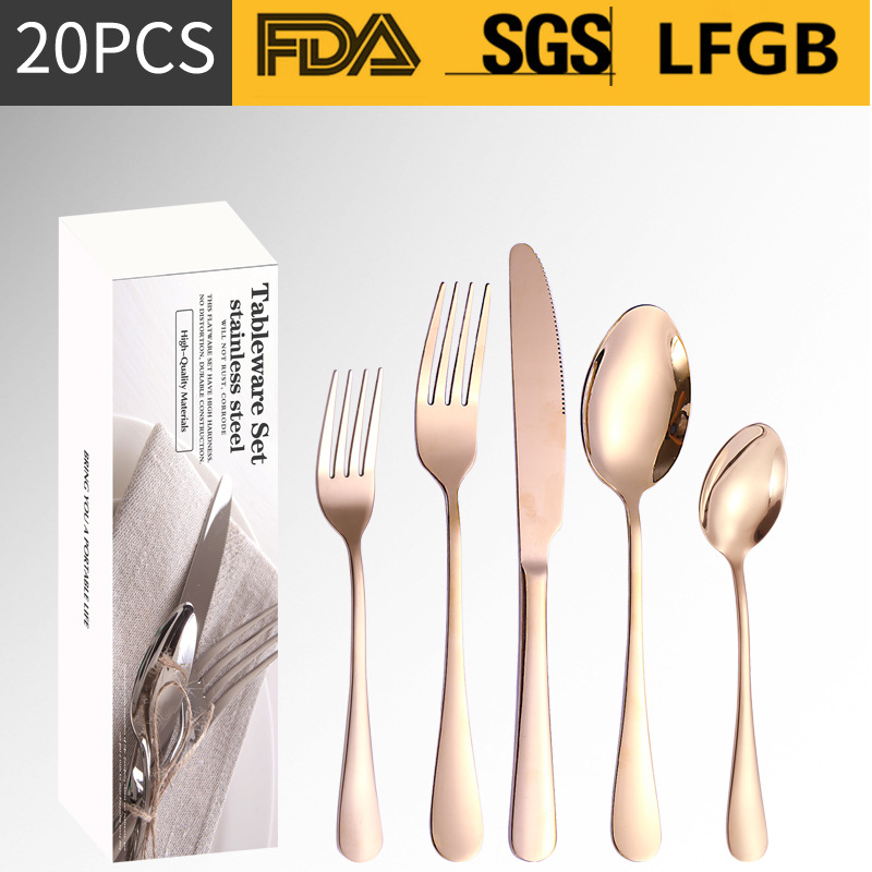 Amazon Venta caliente vajilla de acero inoxidable 20/40/60 unidades conjunto 1010 serie 5 piezas principales caja simple cuchillo, tenedor y cuchara traje