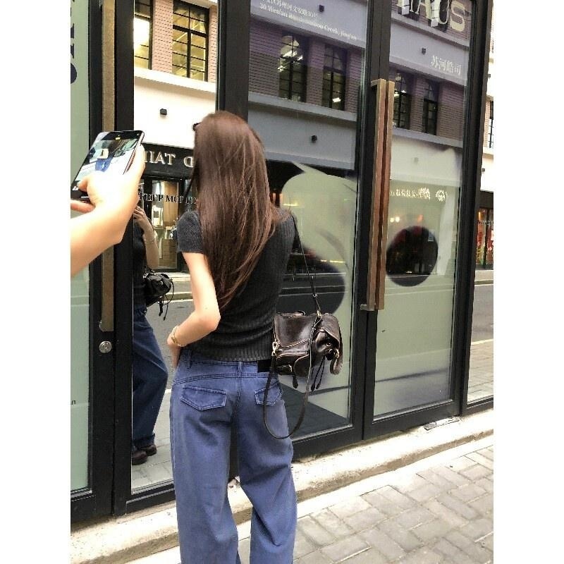 SUN11 "Fa Gong Blue Vintage Pants" 100% Cotton American Retro Straight-Leg Low-Waist Jeans for Women, Autumn Loose Long Pants SUN11 "Fa Gong Blue Vintage Pants" 100% Cotton American Retro Straight-Leg Low-Waist Jeans for Women, Autumn Loose Long Pants