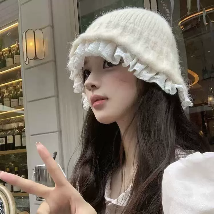 INS韩系蕾丝花边渔夫帽女秋冬慵懒甜美百搭毛线帽保暖显脸小帽子