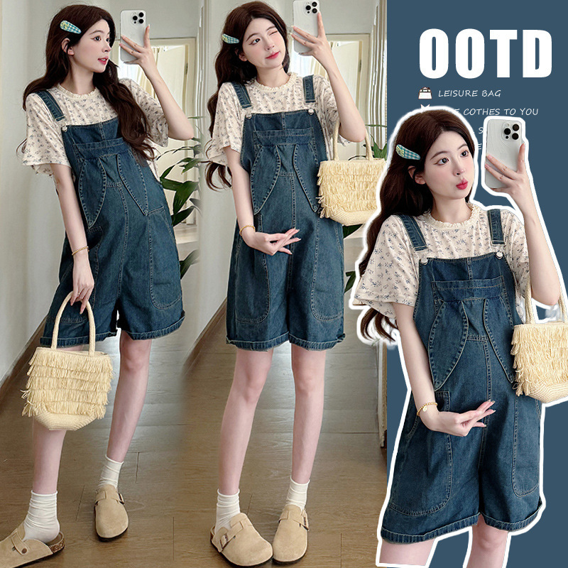 Pregnant Women Cute Rabbit Ears Denim Strap Shorts Women's Summer Wear Vit Age-reducing Small Wide Leg Jumpsuit suit