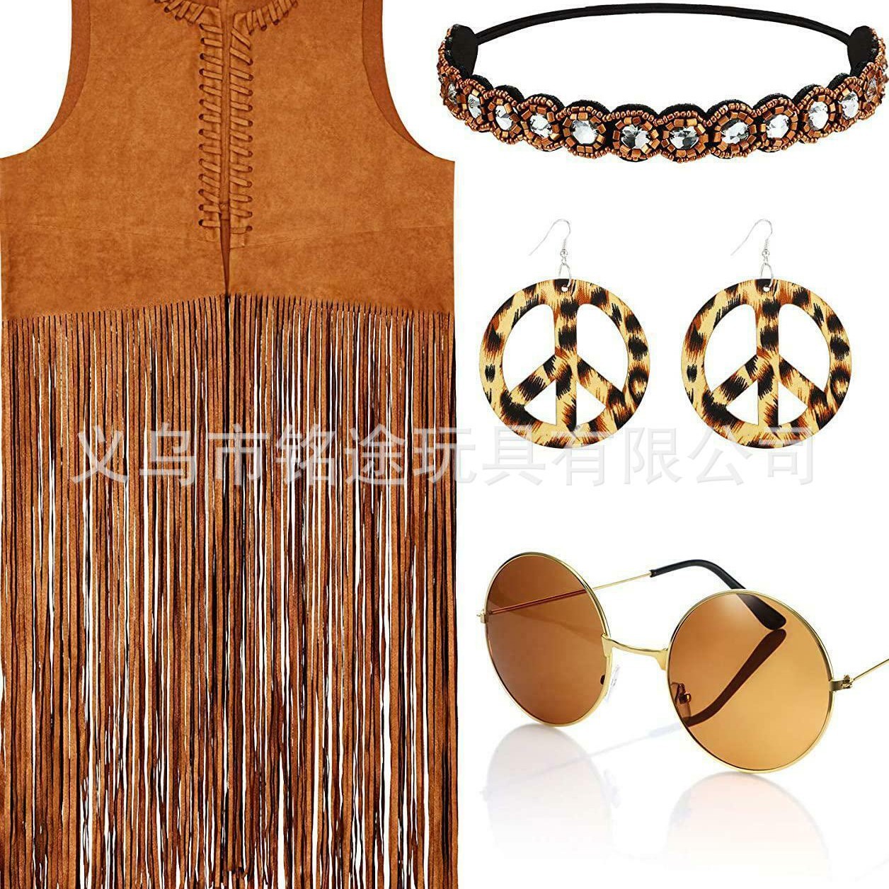 Accesorios de vestir hippies de la década de 1960, diadema de girasol, gafas redondas, conjunto de aretes de collar de talismán de paz