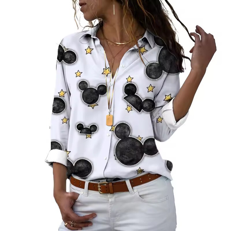 Women Street Style Autumn Harajuku Long Sleeve Shirt Mickey Minnie Mouse Cartoon 3D Printed Ladies Turn-Down Collar Blouse