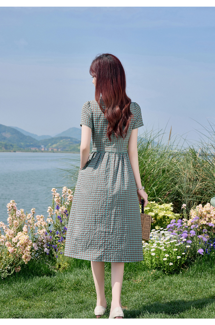 Đầm sơ mi kẻ caro cotton retro eo buộc dây dài trung bình — Màu sắc hình ảnh chi tiết 21
