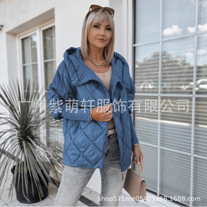 2025欧美M新款女士轻薄款连帽菱格拼接拉链多色连帽棉服|undefined
