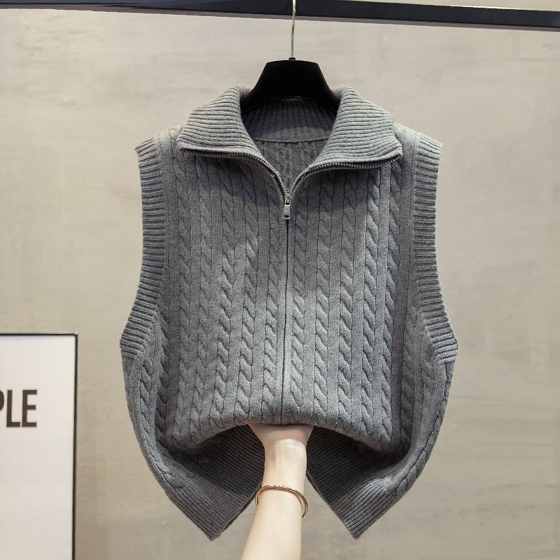 Twisted high-neck zippered knitted cardigan vest for women, 2026 autumn new style, loose-fitting outerwear vest for women
