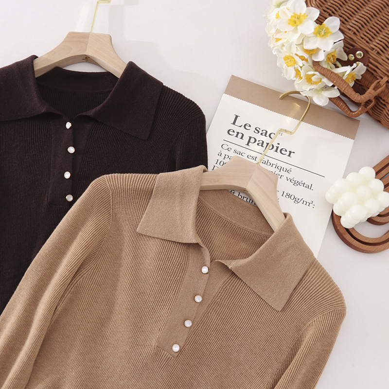 Inclined buckle lapel silk cashmere spring new sweater origin direct versatile Korean brown top