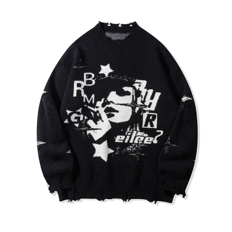 YWFG mujeres retro retro americano High Street 2024 Año Nuevo otoño pareja superior versátil cuello redondo manga larga suéter de punto image 7