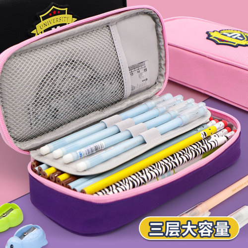 British style pencil case three-layer large-capacity pencil case student high-looking pencil case canvas stationery bag pencil case wholesale