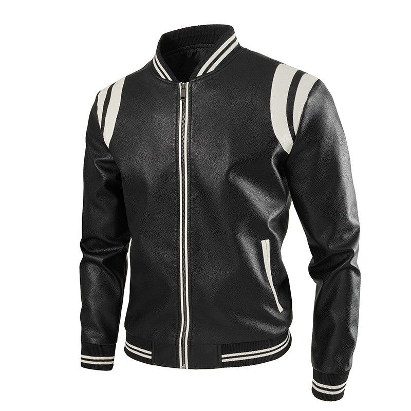 Men’s Fashion PU Leather Jacket – Slim Fit Biker Style Coat With Stand Collar & Contrast Stitching (S-3XL, Black/White, Lightweight & Breathable)_voghion.com