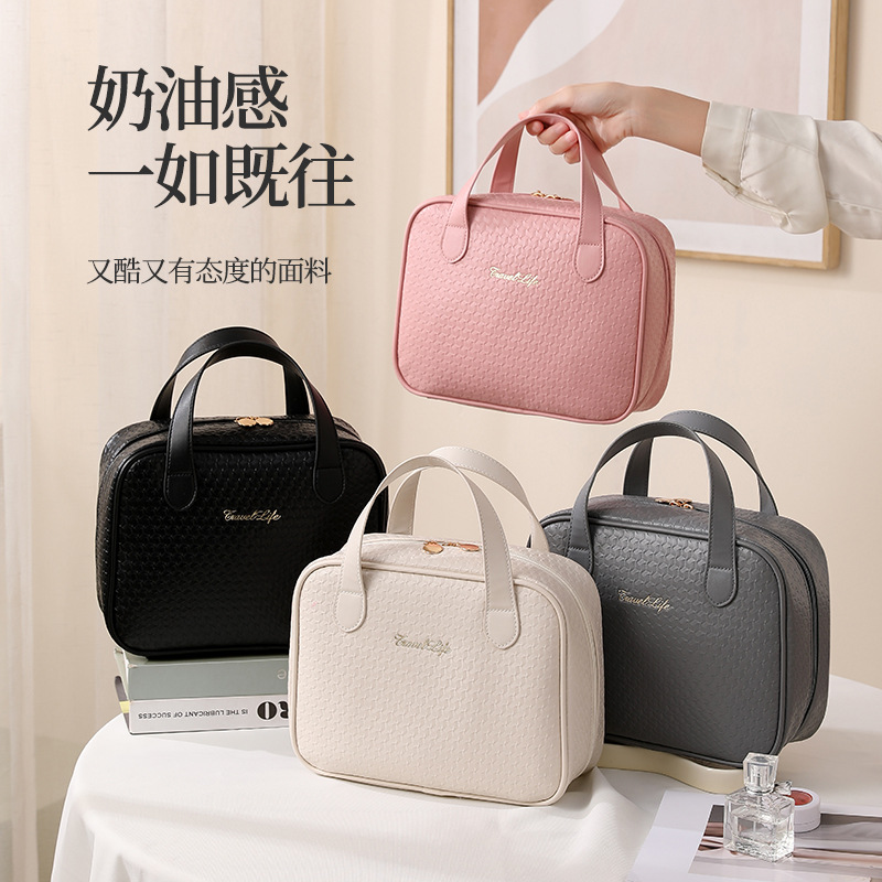 Bolso cosmético portátil doble PU grueso, bolsa de almacenamiento impermeable de gran capacidad y alto valor, conveniente para viajar, bolsa de lavado de gran apertura