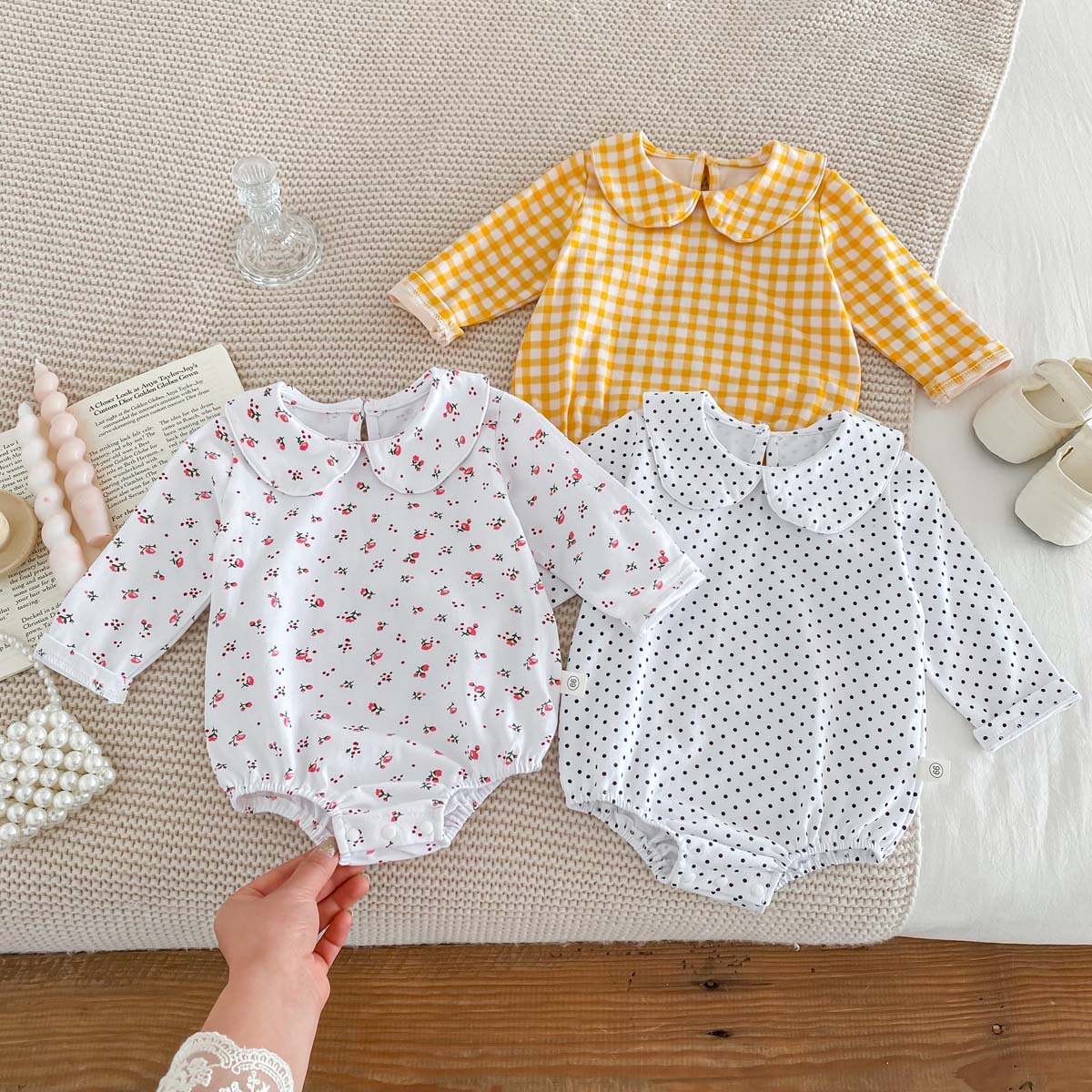 Bebé niños primavera y otoño muñeca collar triángulo bolsa pedo mameluco bebé niña manga larga tocar fondo desgaste exterior de una pieza mameluco