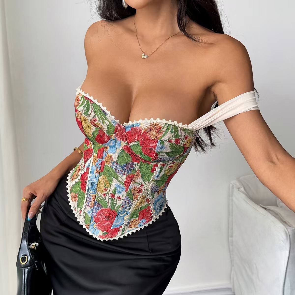 Tao Lina Retro Printed Fishbone Bra Camisole Women's Summer Outer Wear Design Beautiful Back Sleeveless Tube Top