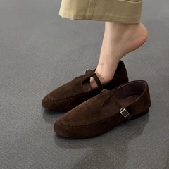 现货~法式复古圆头绒面玛丽珍单鞋女2025新款两穿浅口平底小皮鞋