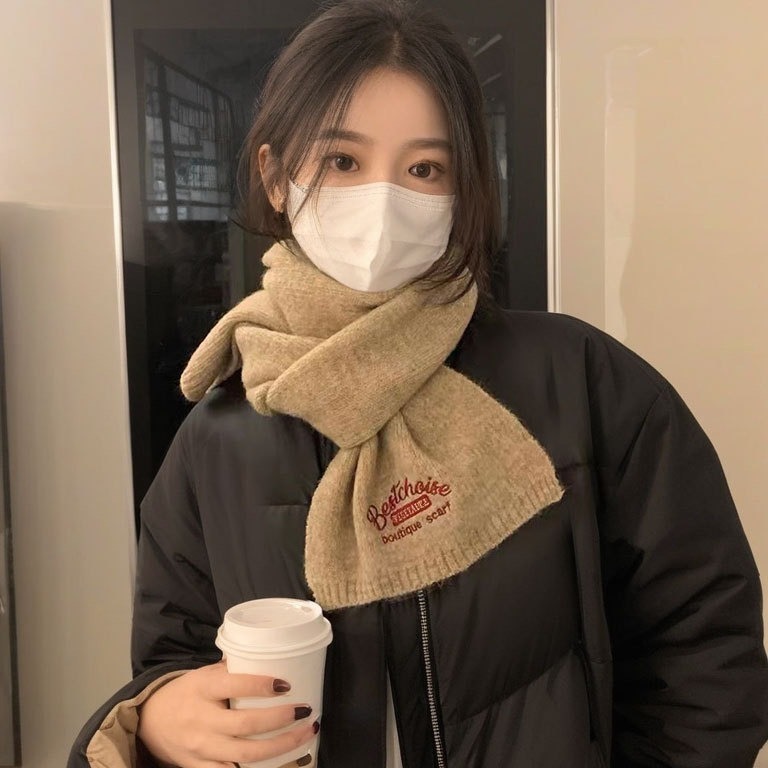 学院风仿羊绒围巾女冬季新年年会新色韩版纯色时尚刺绣字母情侣|undefined
