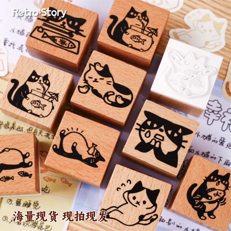 retro story木制印章 喵喵小玺系列 手帐印章diy可爱动物图案印画|undefined