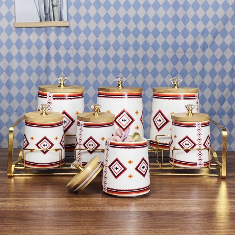 Comercio exterior exportación de cerámica de lujo ligera condimento cocina cubierta de madera condimento caja de cuentas superior conjunto de comercio con estante de contenedor