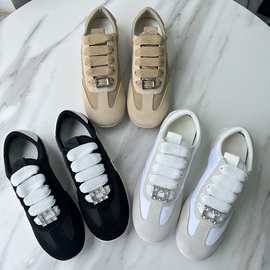 高定R*运动休闲鞋女秋冬水钻方扣小众时尚软底真皮拼色系带运动鞋