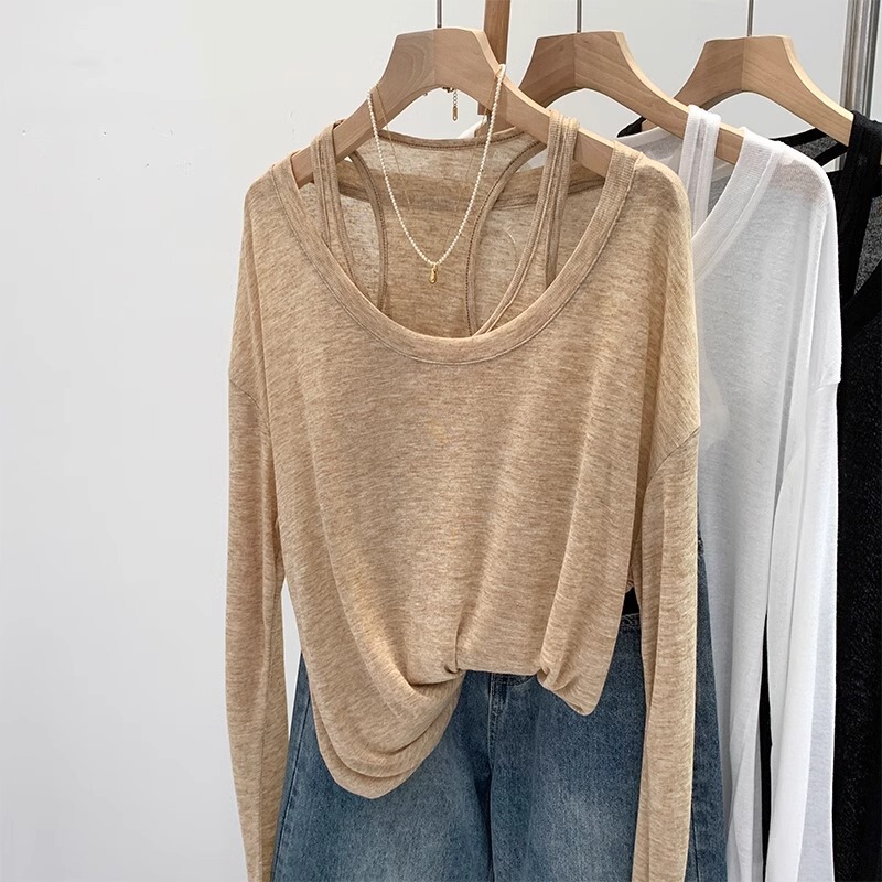 Summer Fashionable Sun Protection Suit for Women, Stylish Oatmeal Color, White and Flesh-Covering, Loose Long-Sleeved Blouse, Hot Girl Sleeveless Vest