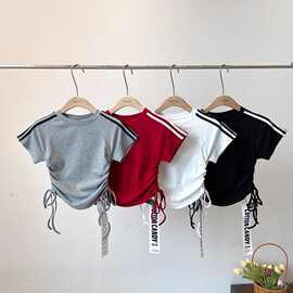 女童装韩系洋气简约百搭侧腰不规则抽绳束腰短款上衣儿童短袖T恤