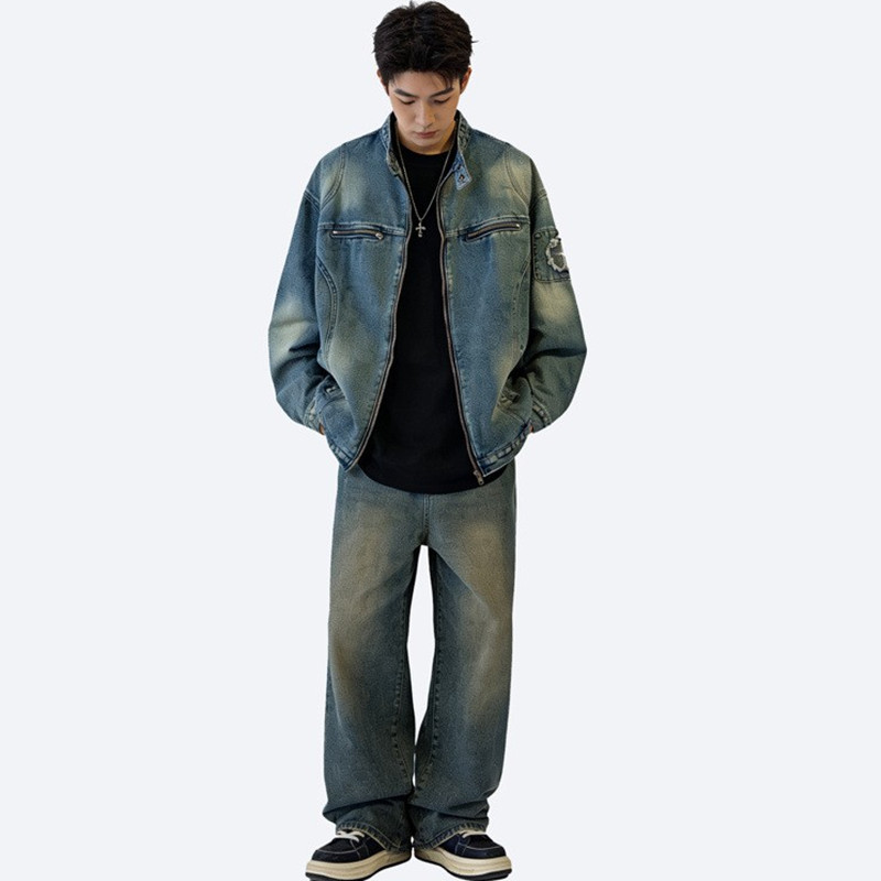 Retro Denim Jacket For Men Washed Ripped Stand-up Collar Style_voghion.com