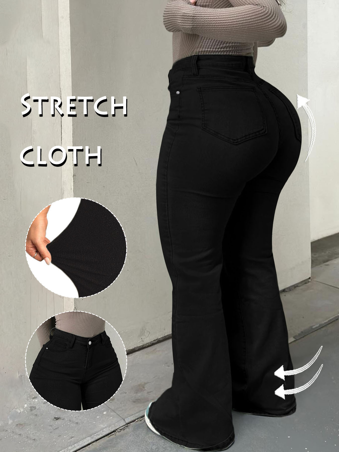 Women's Clothing Plus Size Jeans, High Waisted Flared Denim, Solid Color, Street Style, High Elasticity, Slim Fit, With Pockets._ecoleips.com