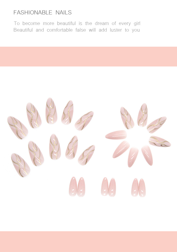 Conjunto unhas postiças amêndoa rosa com design dourado 24p_voghion.com